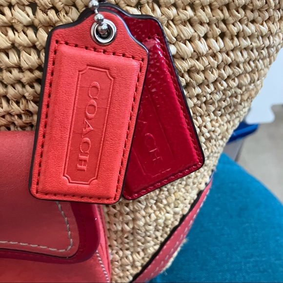 COACH 22904 Woven Straw Pocket Tote with orange/red leather accents - Picture 2 of 16